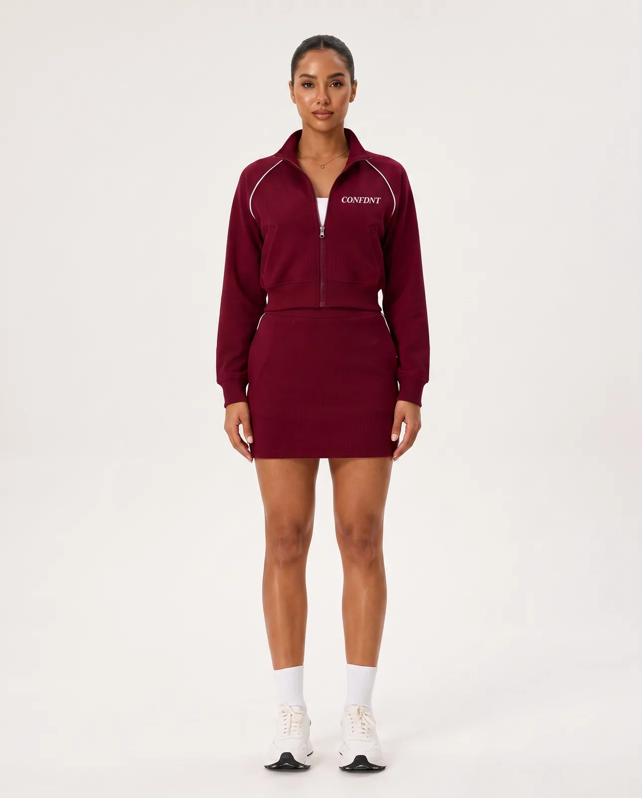 Zip-up Track Jacket & Matching Skirt, White Piping Set — CONFDNT