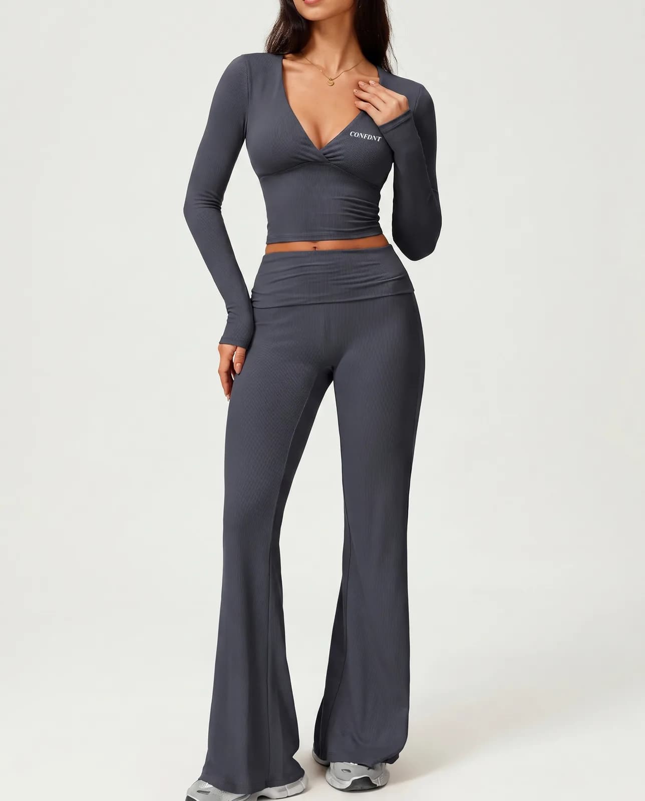 Long-sleeve V-neck Wrap Top & Fold-over Flares Set — CONFDNT