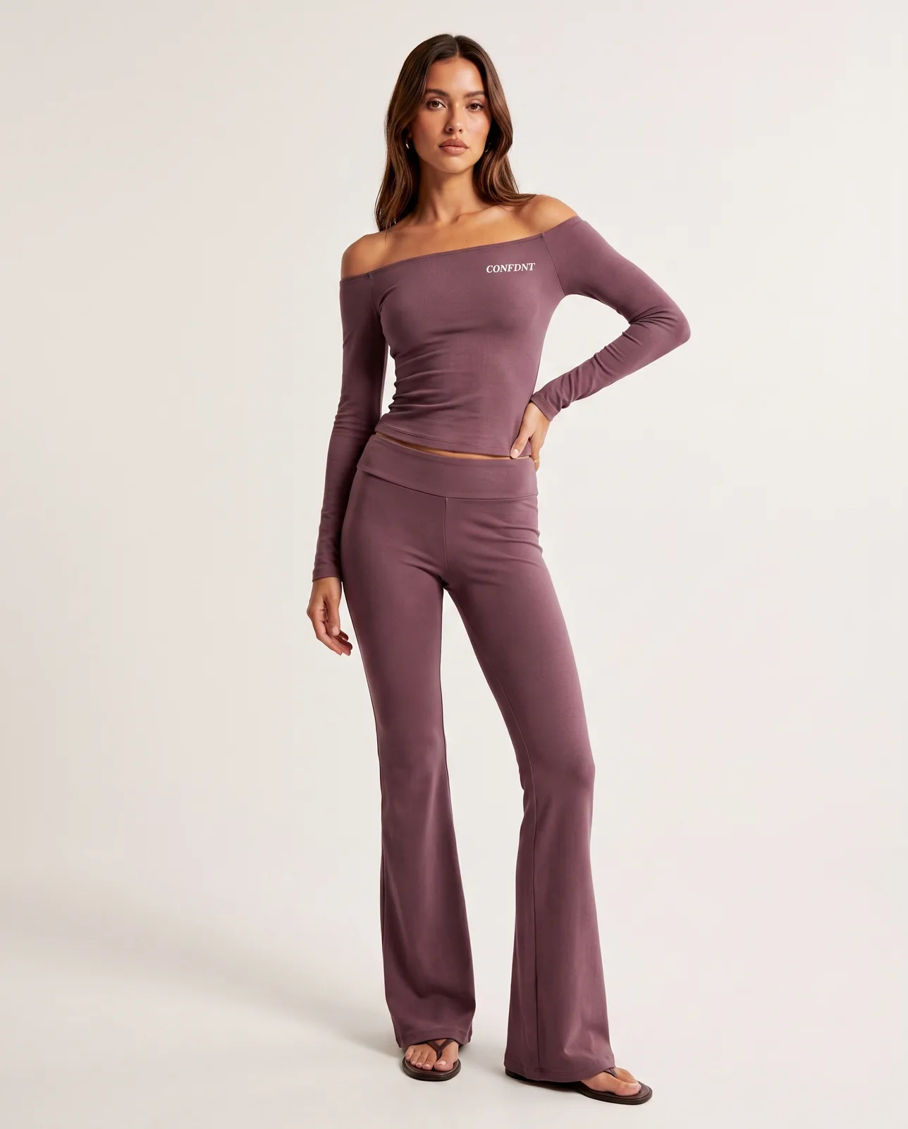 Mauve-plum Off-the-shoulder Long-sleeve Top & Flared Pants Set — CONFDNT