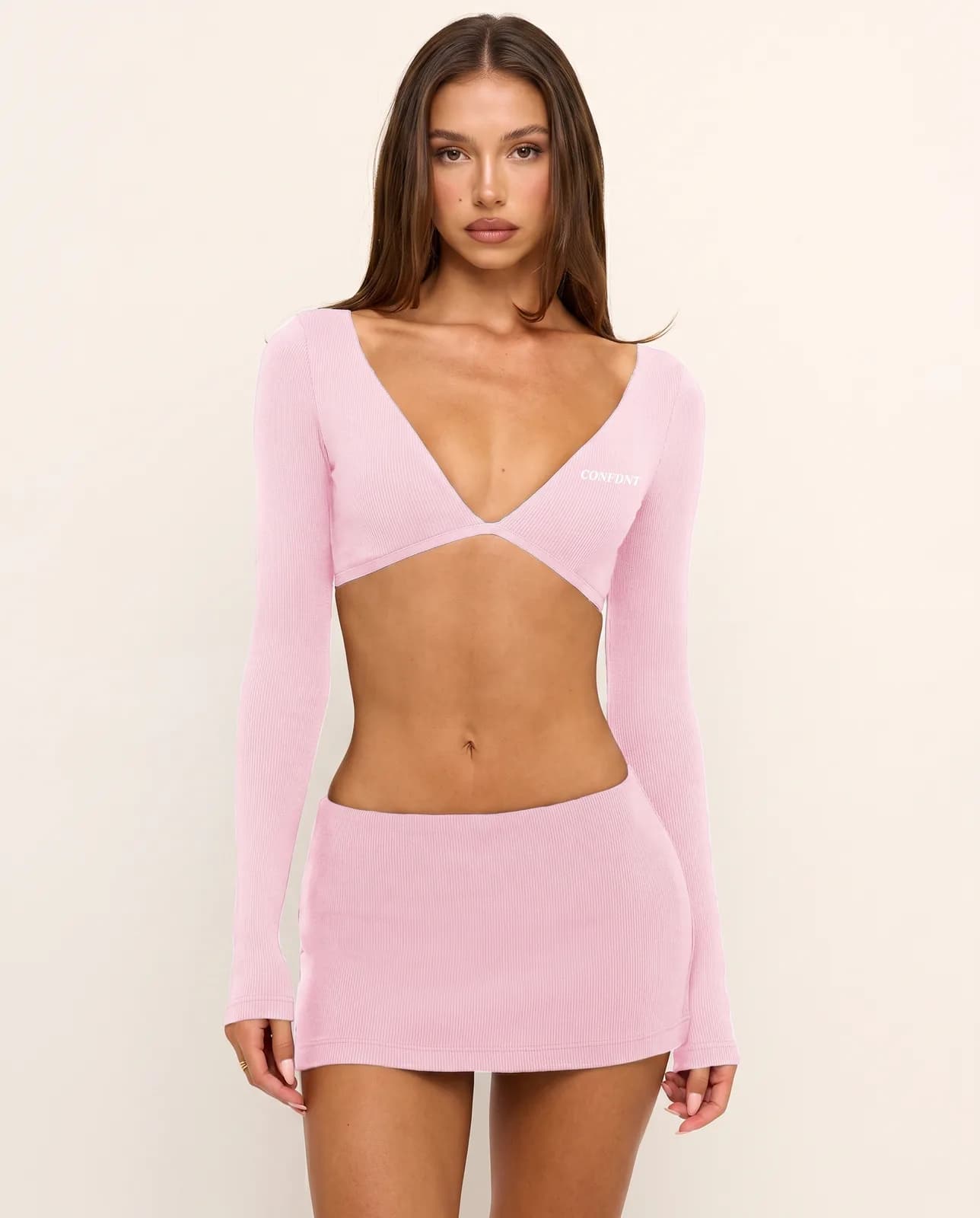 Deep V-neck Long-sleeve Crop & Mini Skirt Set — CONFDNT