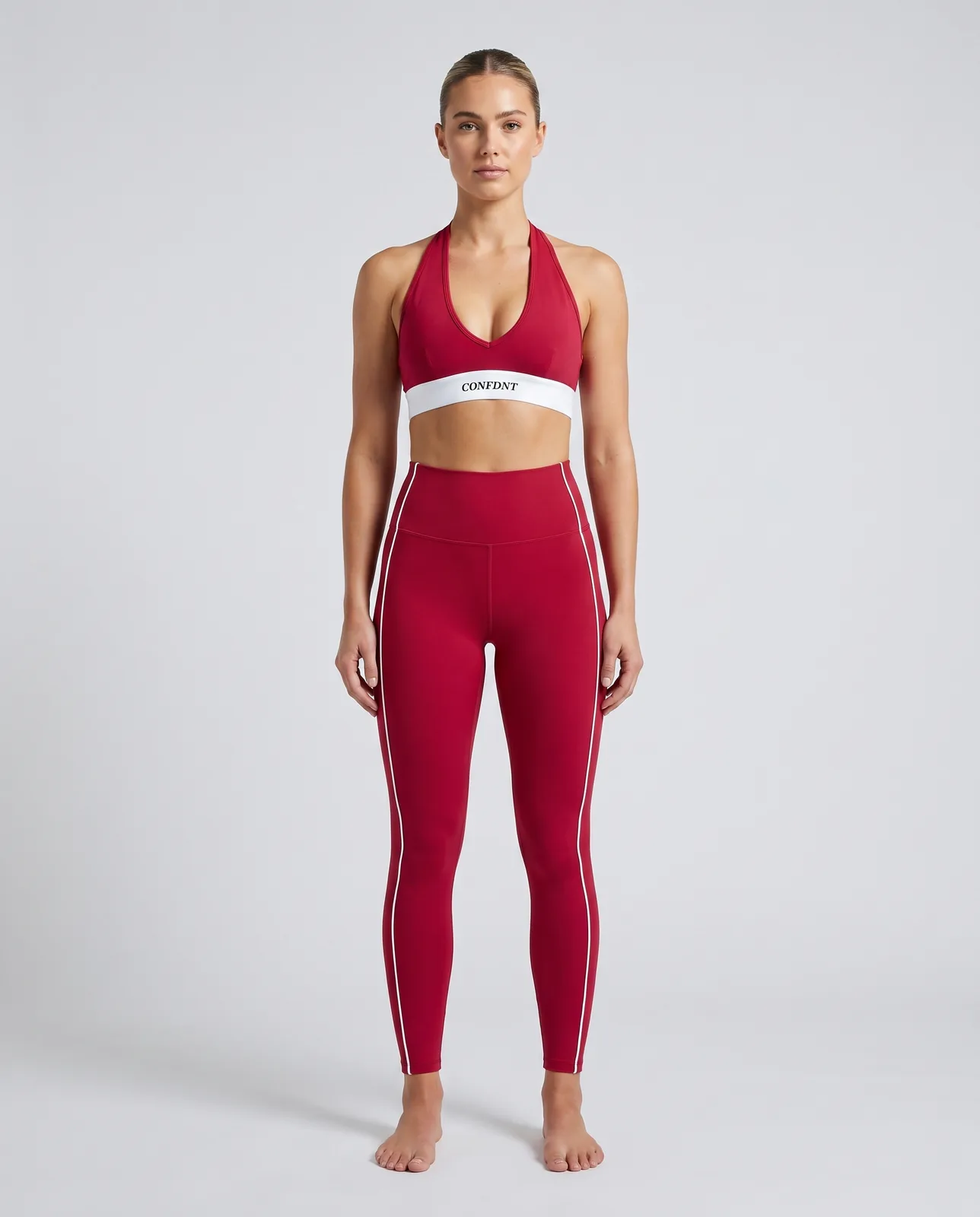 Plunge Halter Bra with White Band & Leggings with White Piping Set — CONFDNT