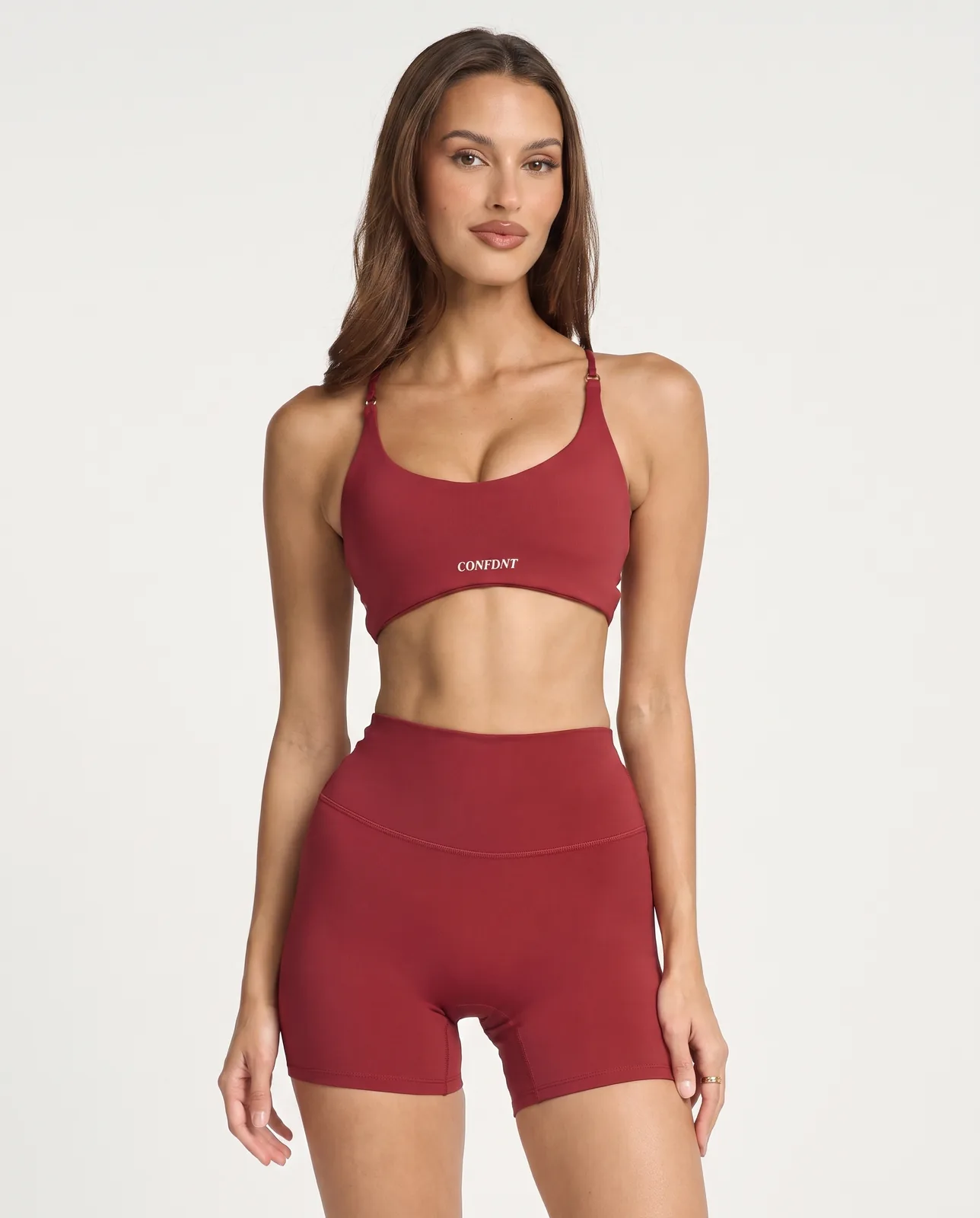 Brick-red Cross-back Scoop Bra & High-waist Shorts Set — CONFDNT