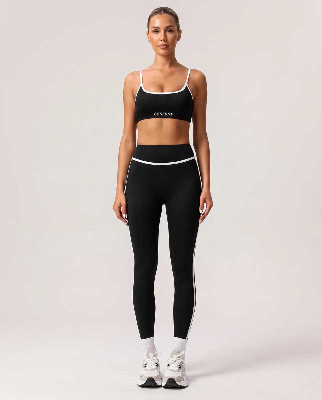 Bra with White Trim & Leggings with White Piping Set — CONFDNT