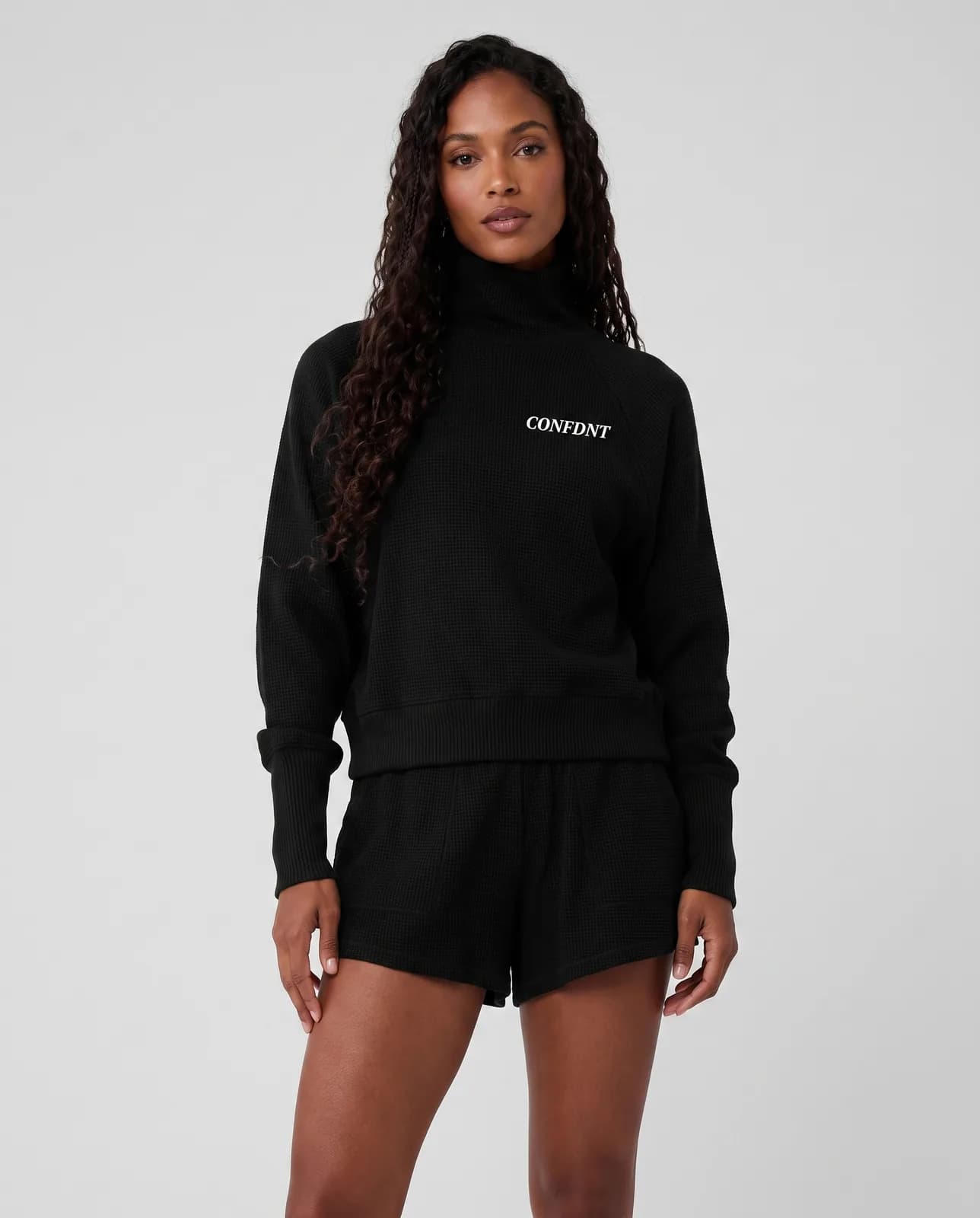 Waffle-knit Mock-neck Sweater & Shorts Set — CONFDNT