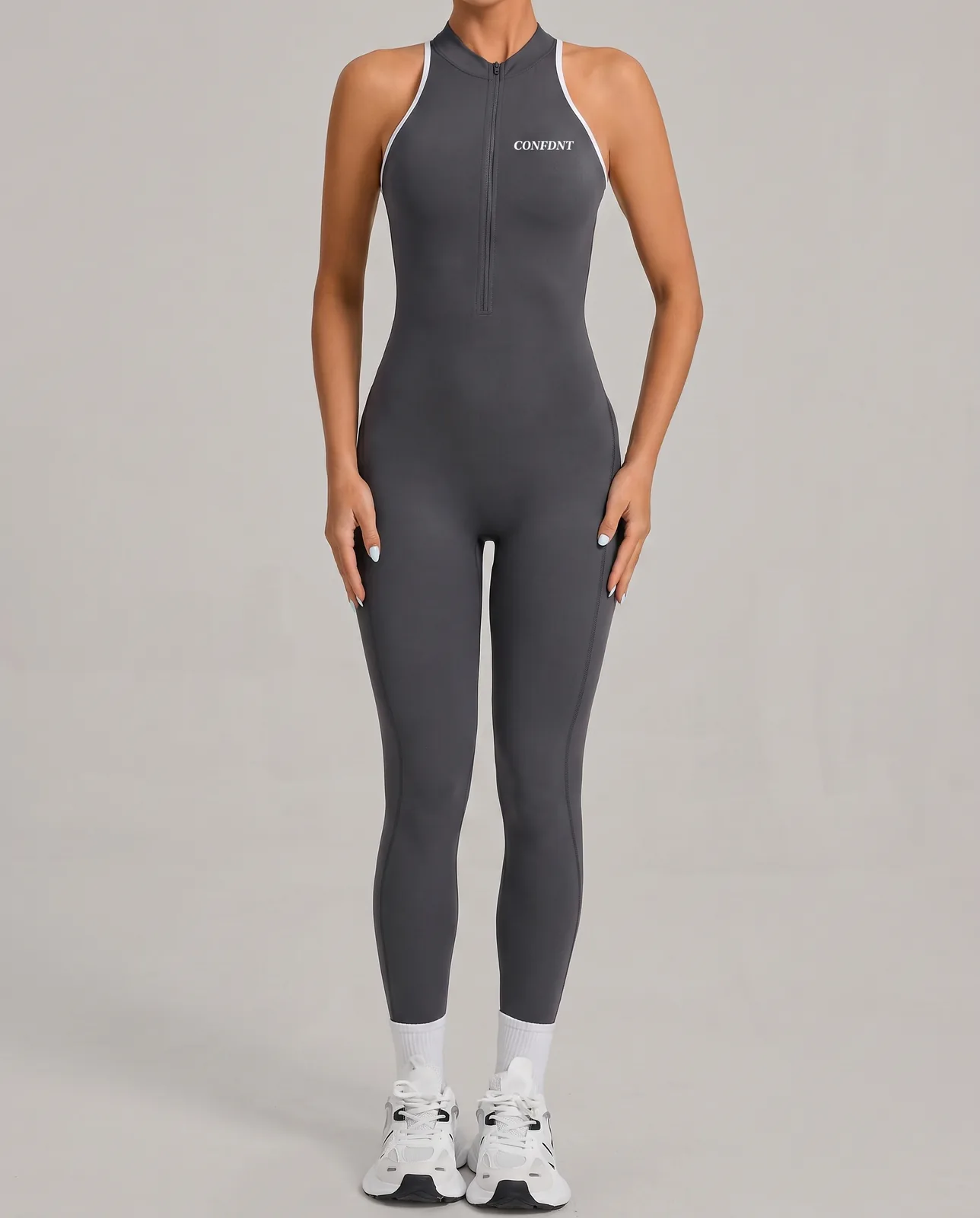 Full-length Zip Jumpsuit with White Trim — CONFDNT