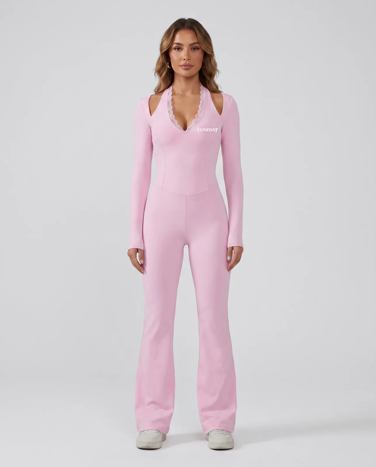 Lace-trim Long-sleeve Flare Jumpsuit — CONFDNT