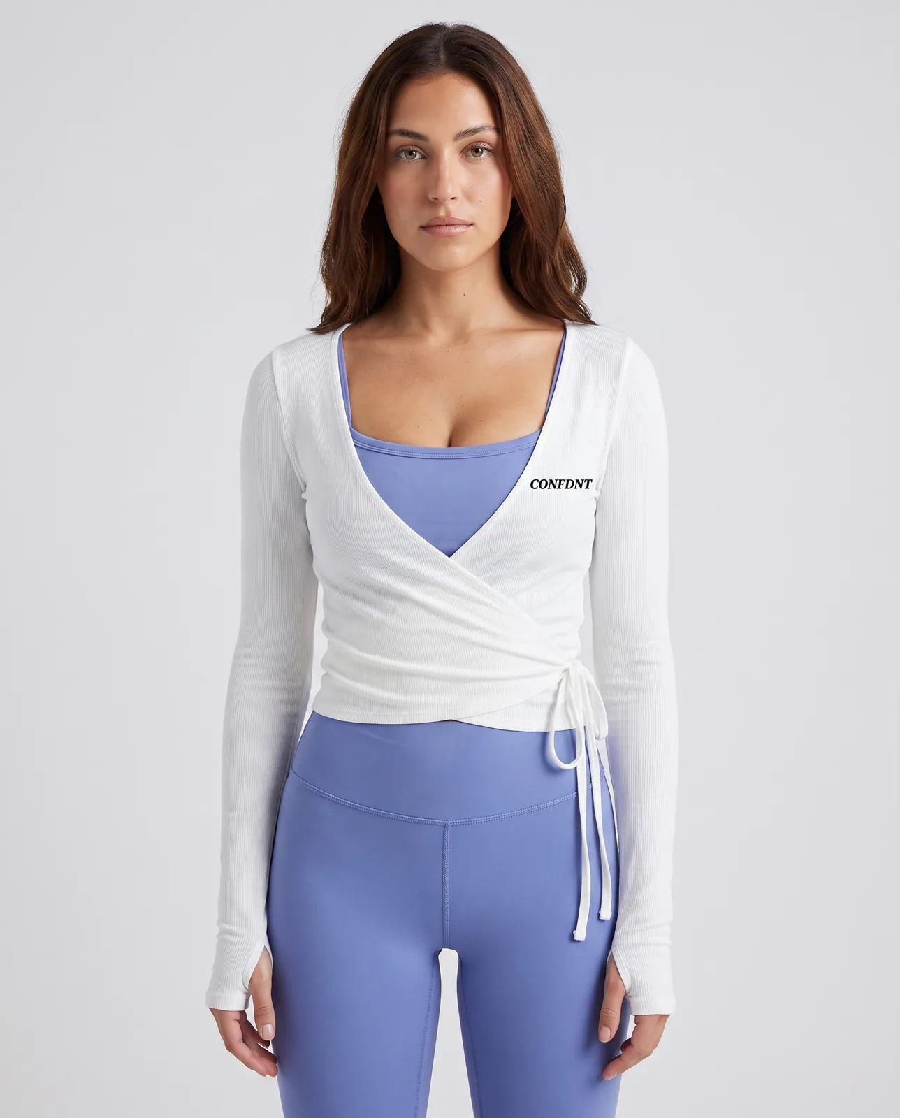 Ribbed Wrap Top over Periwinkle Bra & Leggings Set — CONFDNT