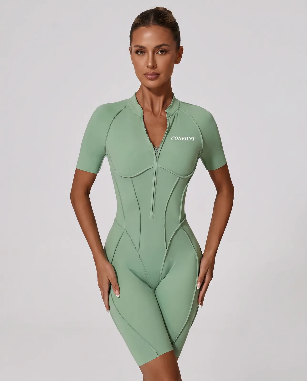 Short-sleeve Zip Romper with Corset Seams — CONFDNT