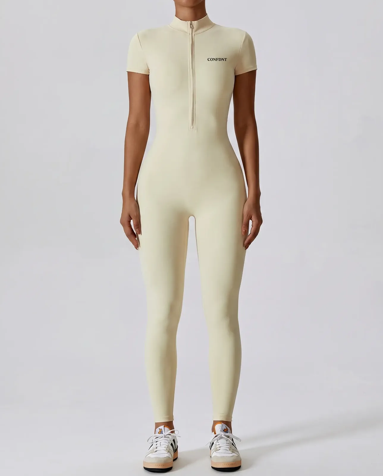 Short-sleeve Half-zip Full-length Jumpsuit — Beige