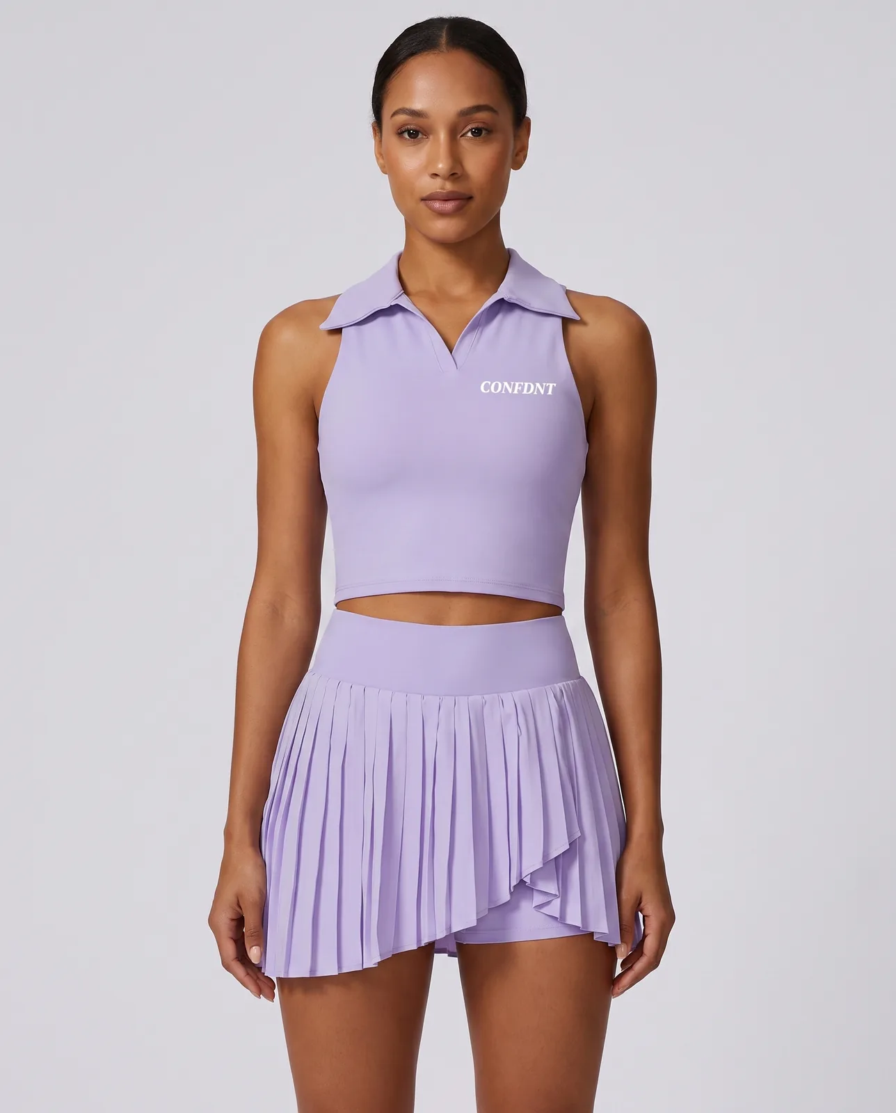 Sleeveless Polo-collar Tennis Crop & Pleated Wrap Skirt Set — CONFDNT