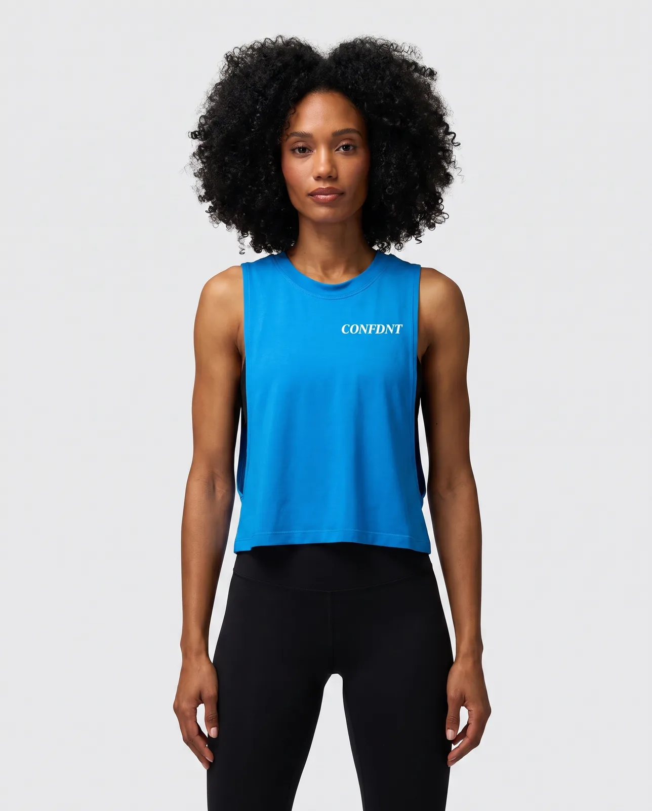 Cropped Muscle Tank over Black Bra/leggings Set — CONFDNT