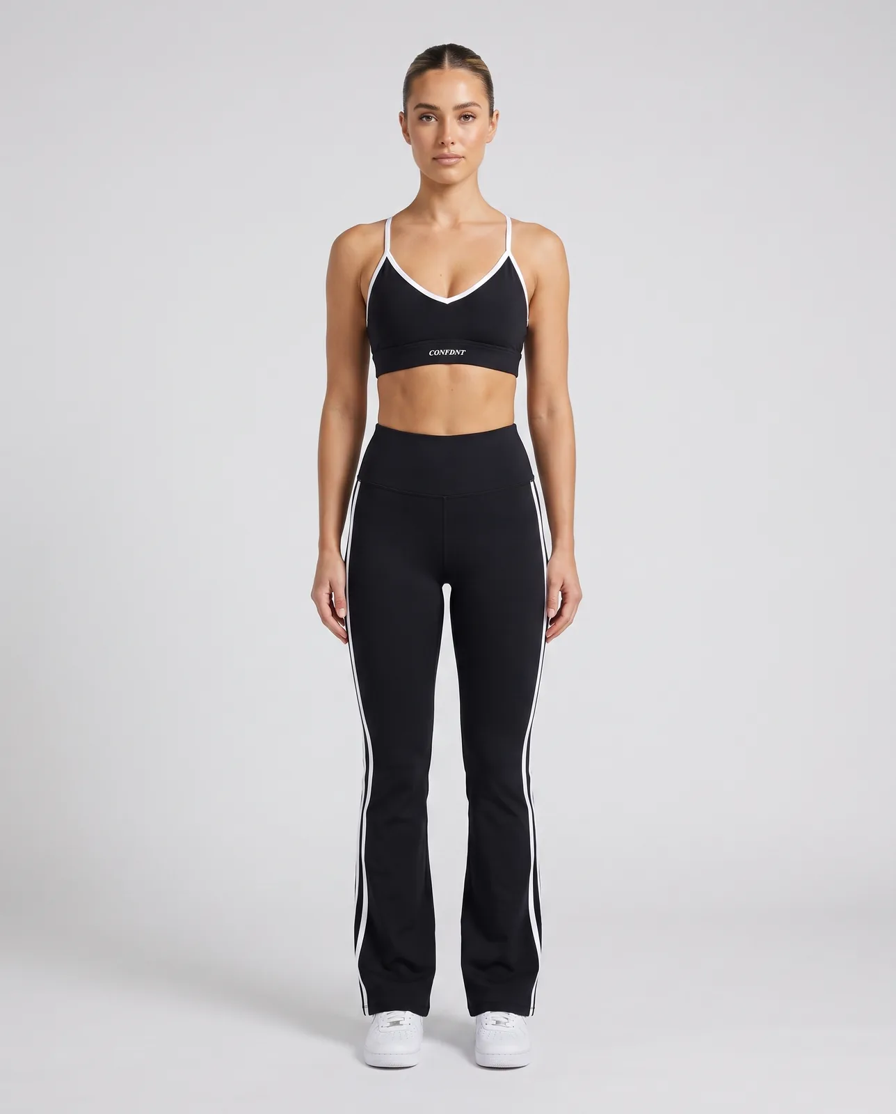 Top with White Piping & Striped Flare Pants Set — CONFDNT