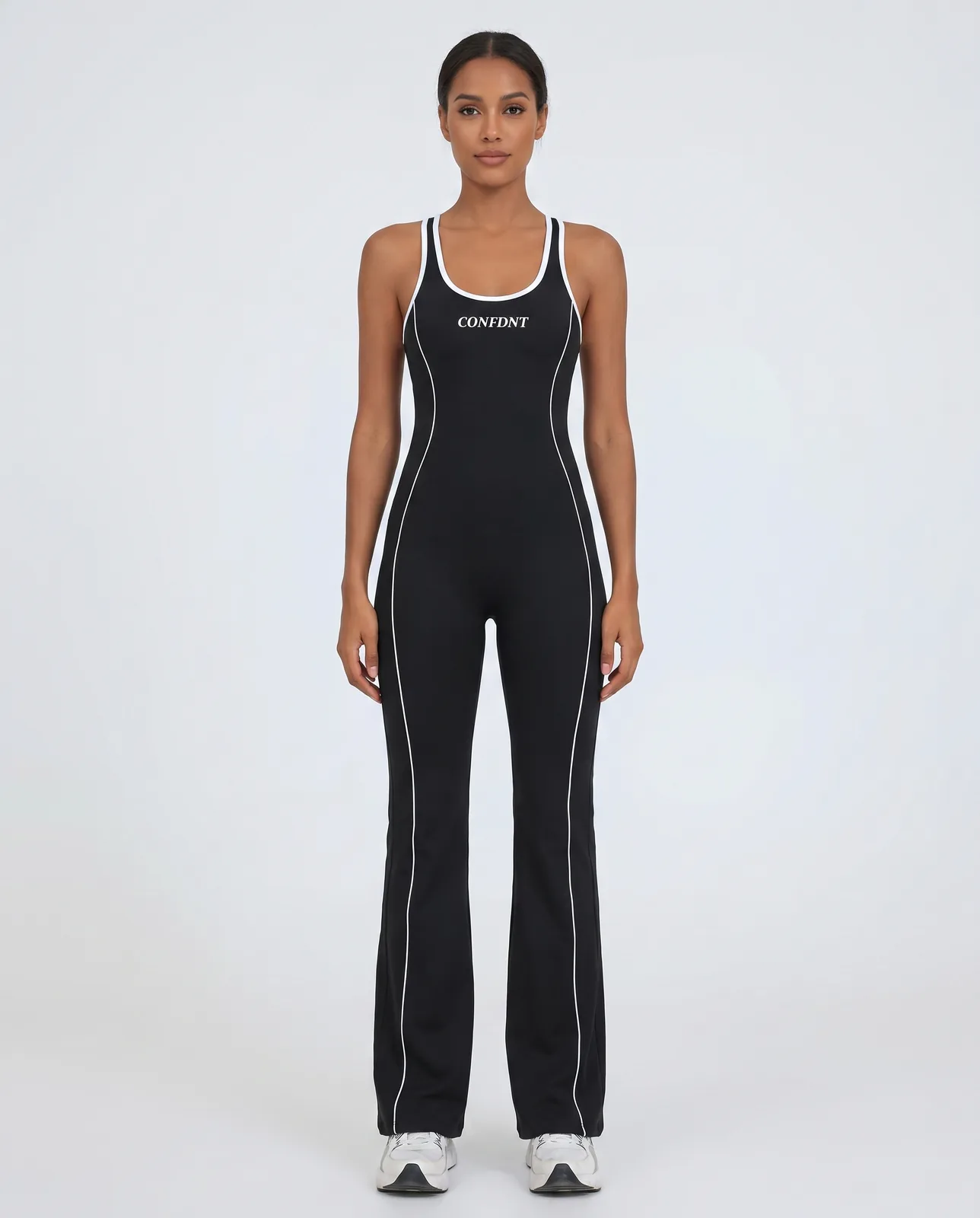 Flare Jumpsuit with White Contrast Piping — CONFDNT