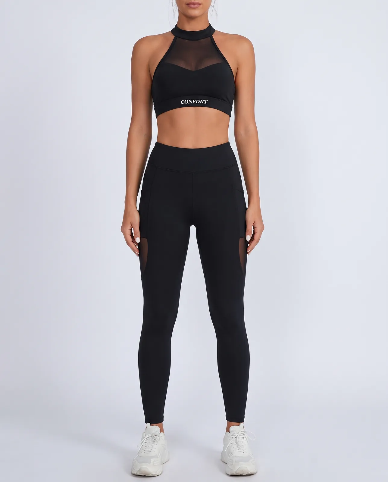 Mesh-panel Halter Top & Mesh-cutout Leggings Set — CONFDNT