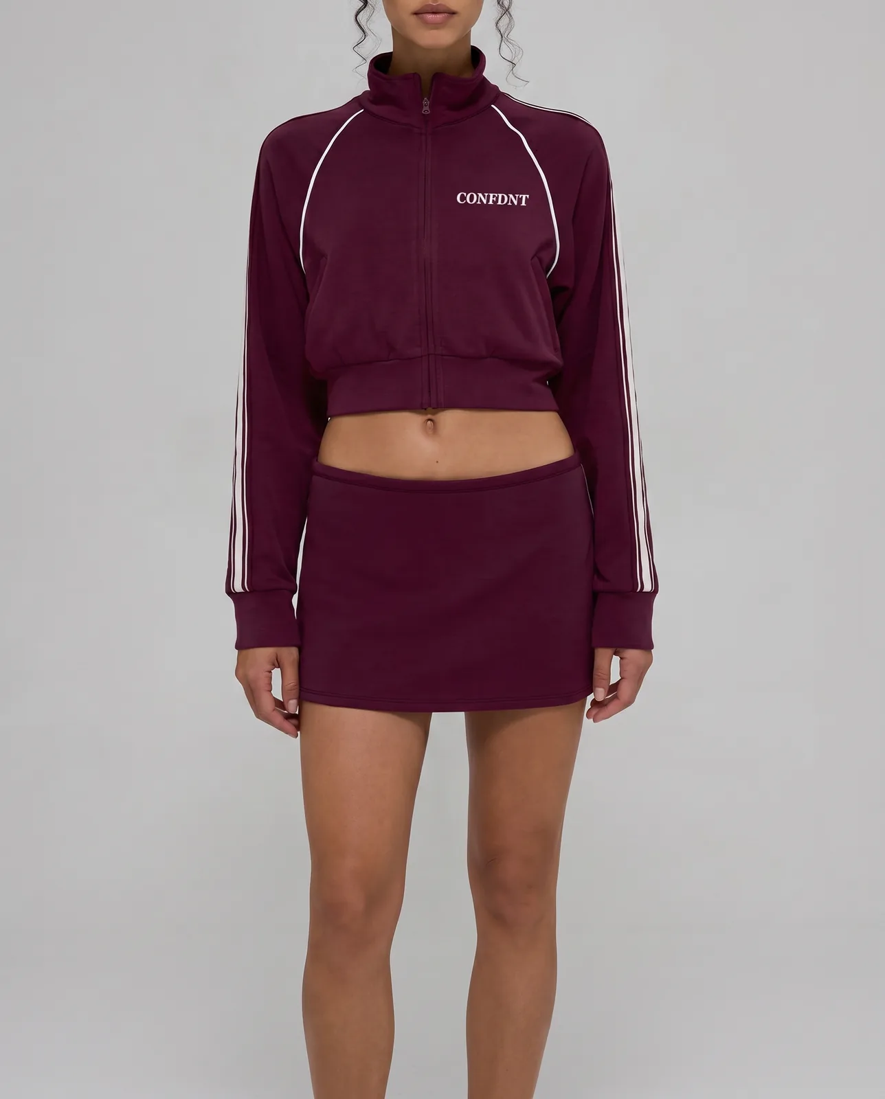 Crop Track Jacket & Mini Skirt with White Piping Set — CONFDNT