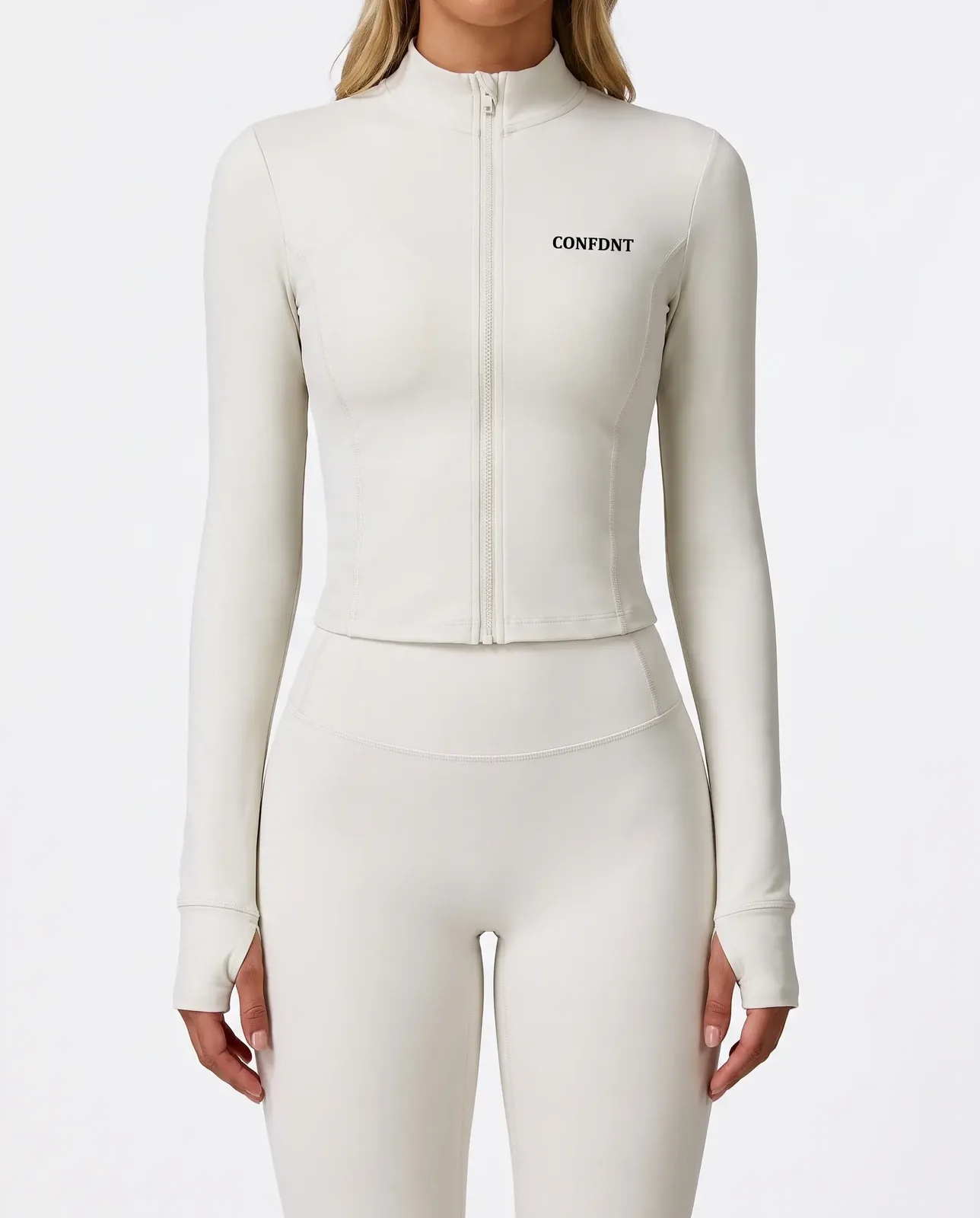 Zip-up Jacket Tracksuit Set — Beige White