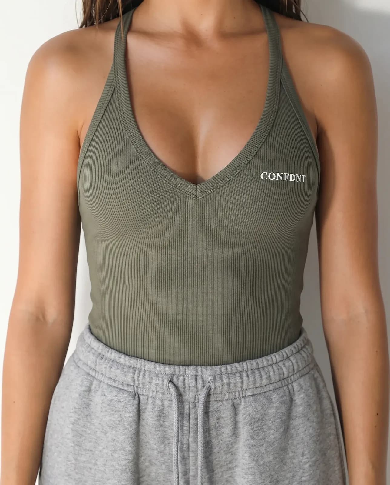 Ribbed V-neck Cami & Sweatpants Set — Army Green