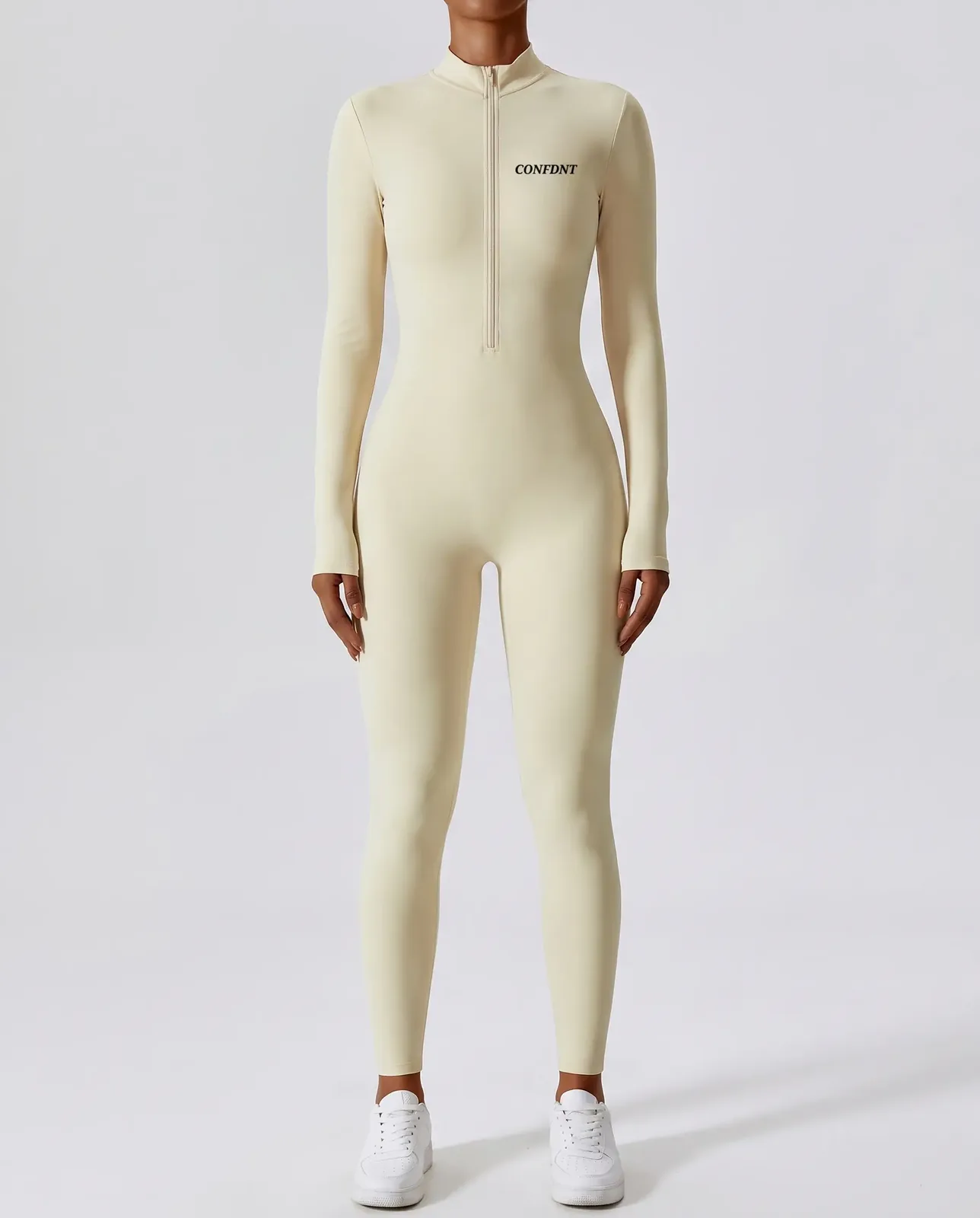 Long-sleeve Half-zip Full-length Jumpsuit — Beige